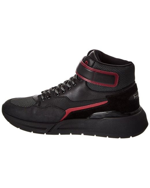 Ferragamo Black Cosma Leather & Mesh High-Top Sneaker for men