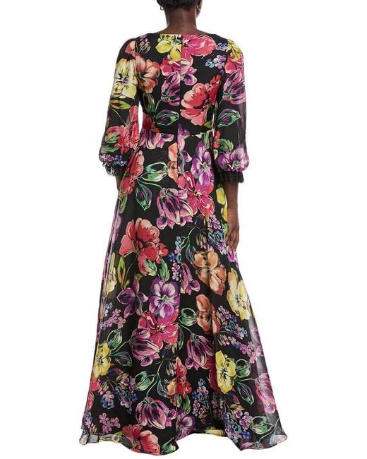 Teri Jon Red Floral Chiffon Silk Gown