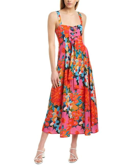 Mara Hoffman Pink Mei Lace-up Floral-print And Linen-blend Dress