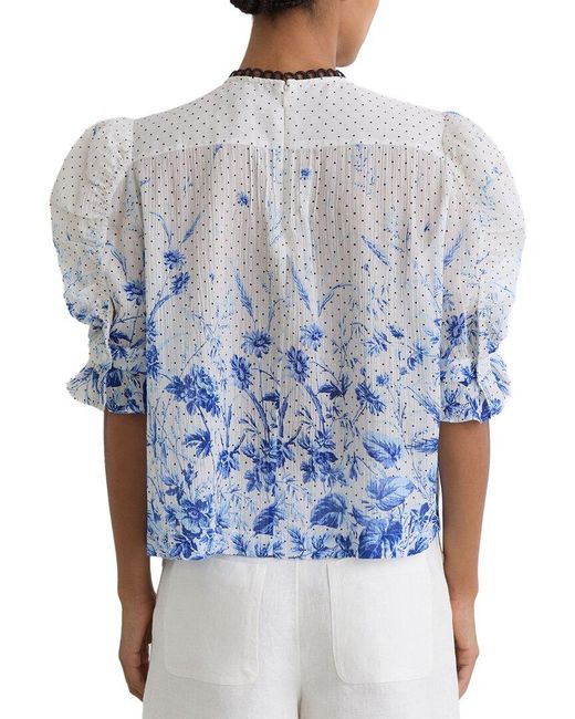 Reiss Blue Minni Floral Print Ruffle Blouse