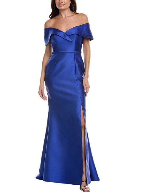 Rene Ruiz Blue Off-Shoulder Fit & Flare Gown