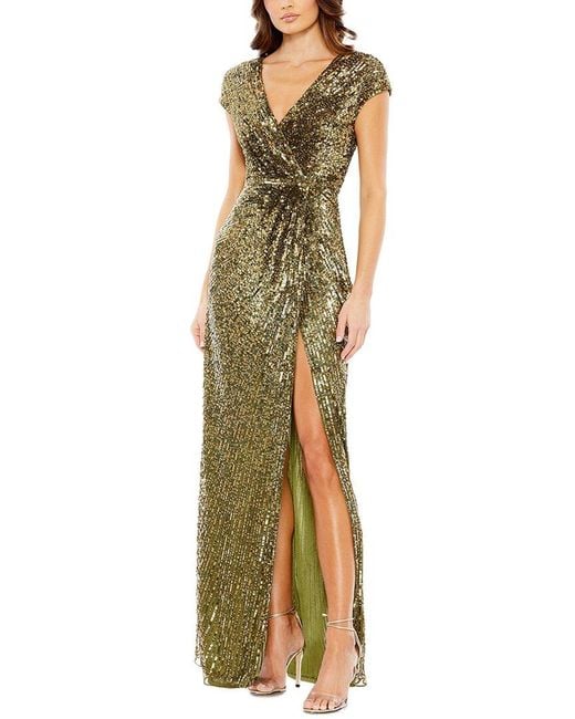 Mac Duggal Metallic Sequined Faux-Wrap Gown
