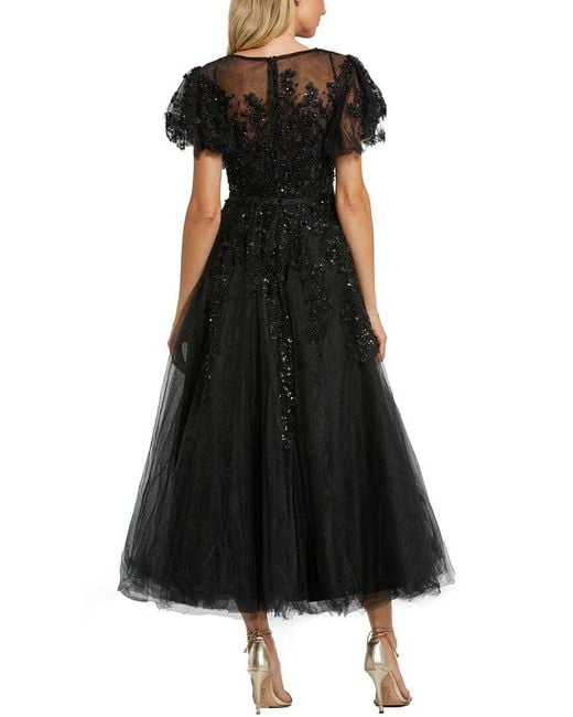 Mac Duggal Black Embellished Flutter Sleeve Bow Waist A Line Dress