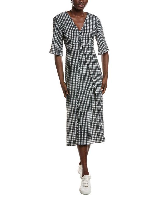 Ganni Gray Seersucker Check V-neck Long Dress