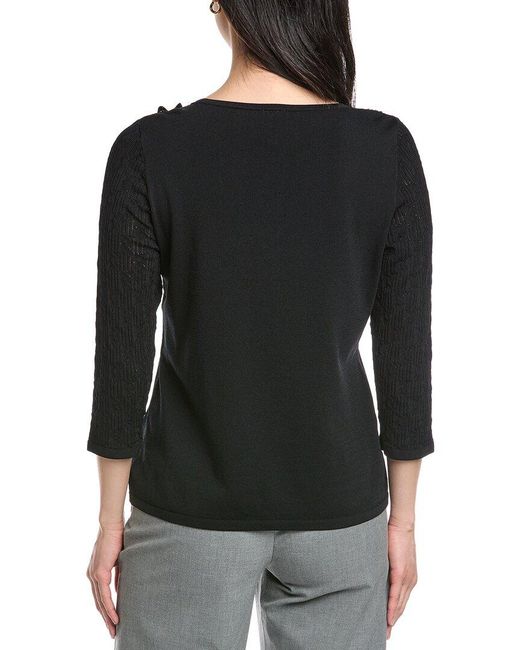 Anne Klein Black Pointelle Stitch Yoke Top