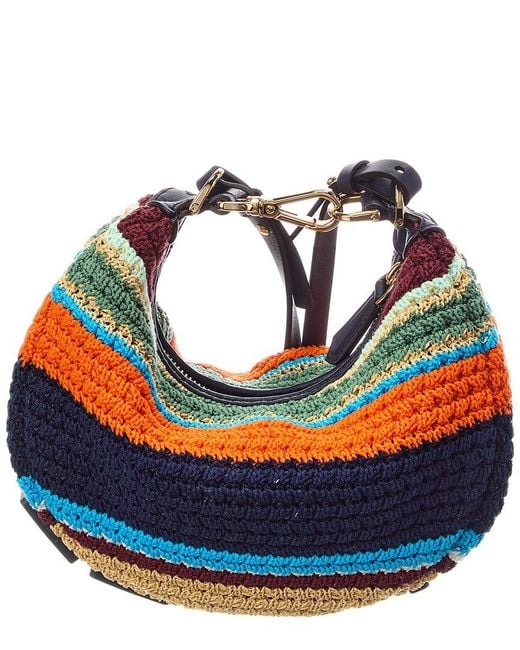Fendi Blue Graphy Mini Crochet & Leather Hobo Bag