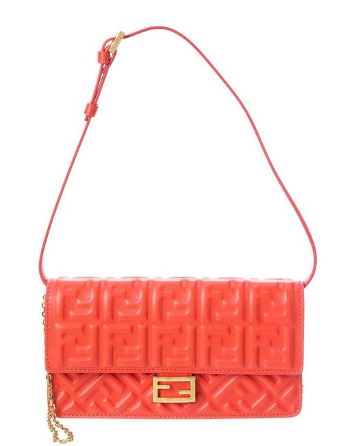 Fendi Red Baguette Ff Leather Wallet On Chain