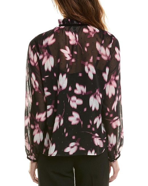 Anne Klein Black Floral Print Polyester Button-Down Top