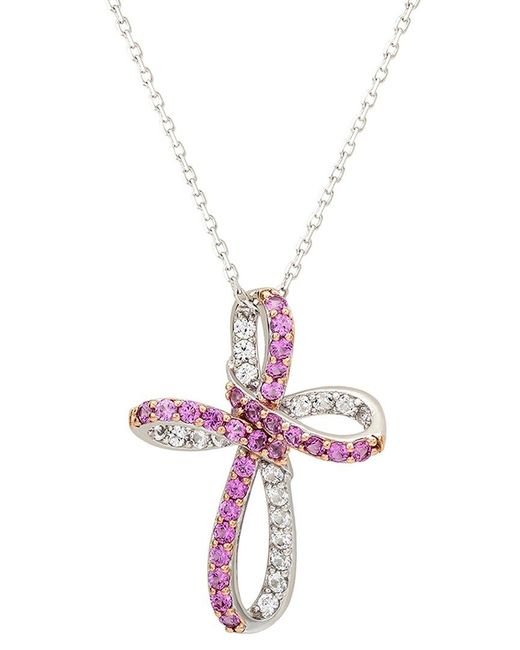 Suzy Levian Pink Silver 0.02 Ct. Tw. Diamond & Sapphire Cross Pendant