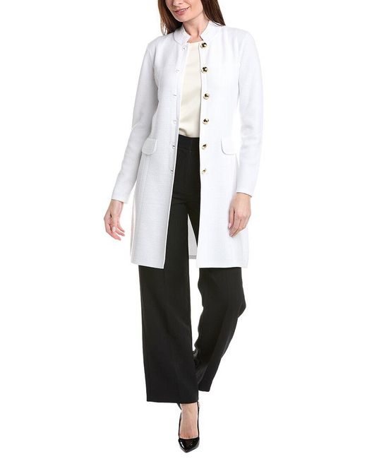 St. John White Banded Collar Five-Button A-Line Long Jacket