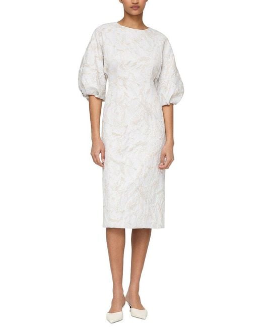 Lafayette 148 New York White Short Balloon Sleeve Silk-Blend Dress