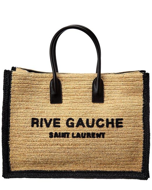 Saint Laurent Rive Gauche Raffia & Leather Tote in Black | Lyst