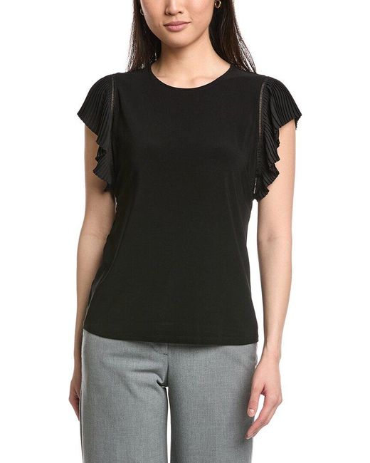 Anne Klein Black Pleated Flutter Sleeve Top
