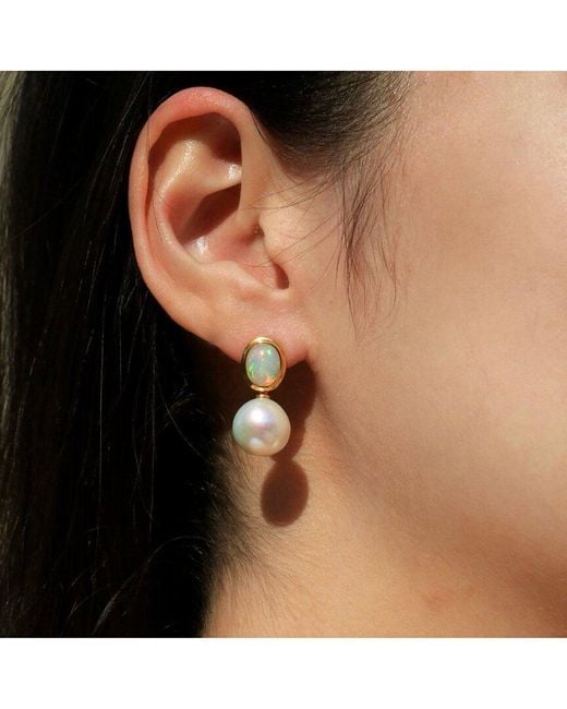 Kai Fine Jewelry Blue 14K 3.00 Ct. Tw. Opal & 12-13Mm Pearl Drop Earrings