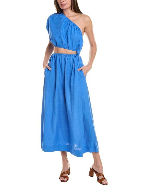 Farm Rio Blue One-shoulder Linen-blend Dress