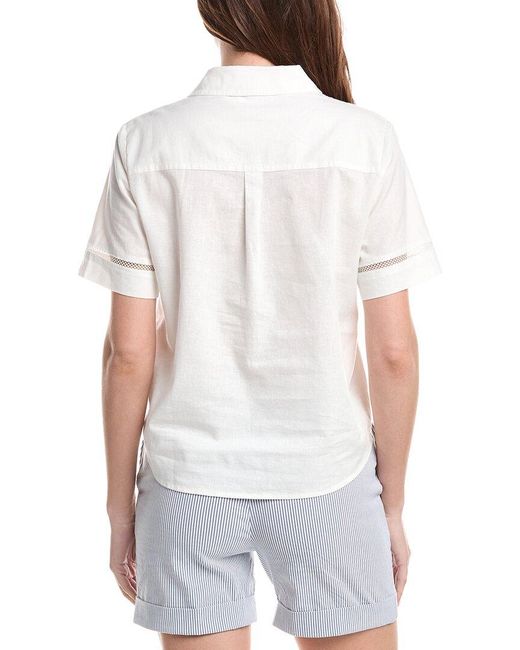 Renuar White Woven Button Front Linen-Blend Blouse