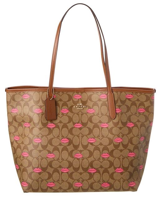 COACH Brown City Signature Canvas Lips Print Tote