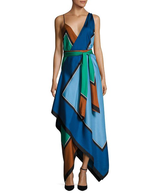 Diane von Furstenberg Blue Scarf Hem Tiered Silk Midi Dress