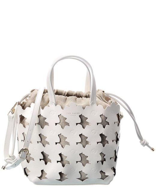 NWT Ted Baker Women Ivory Tyahla Bovine Leather Floral Laser Cut Bucket Bag  $295