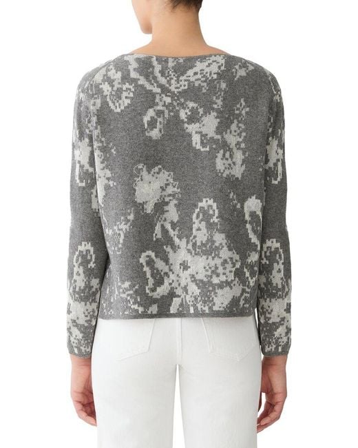 Lafayette 148 New York Gray Bateau Neck Jacquard Wool & Cashmere-Blend Sweater