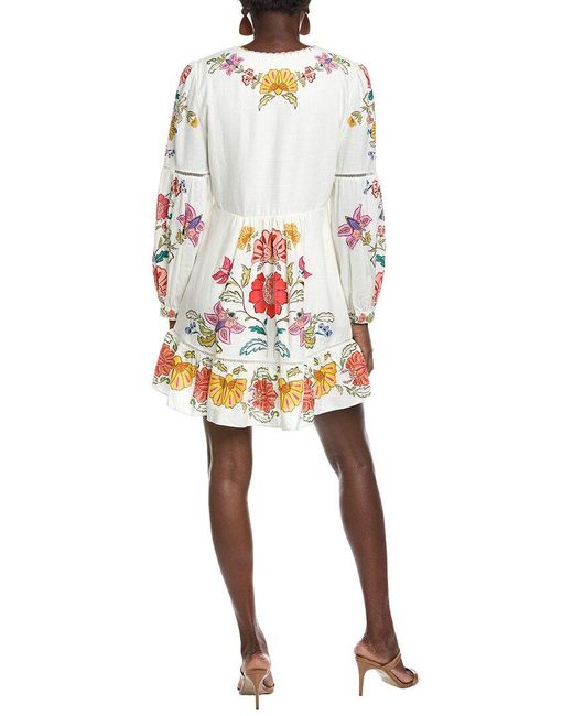 Farm Rio White Floral Insects Off Linen-Blend Mini Dress