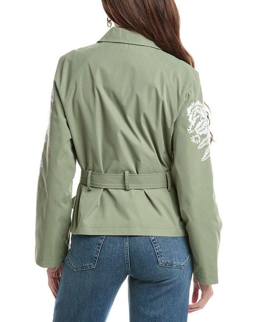 NVLT Green Cropped Embroidered Double-Breasted Belted Trench Coat