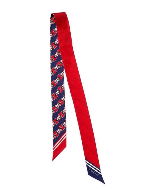 Gucci Red Printed Silk Twill Ribbon Scarf
