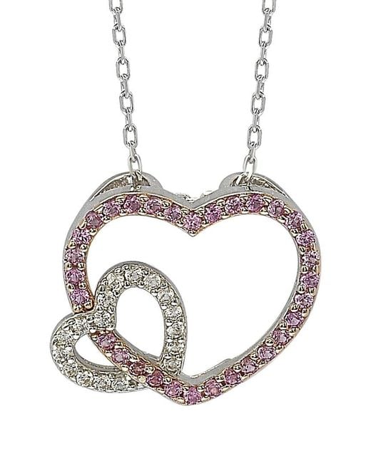 Suzy Levian White Silver 0.02 Ct. Tw. Diamond & Sapphire Double Heart Pendant Necklace