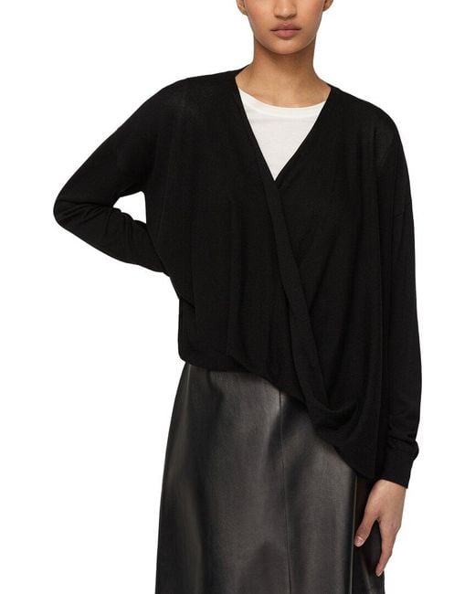 Lafayette 148 New York Black Wrap Front Oversized Silk-Blend Sweater