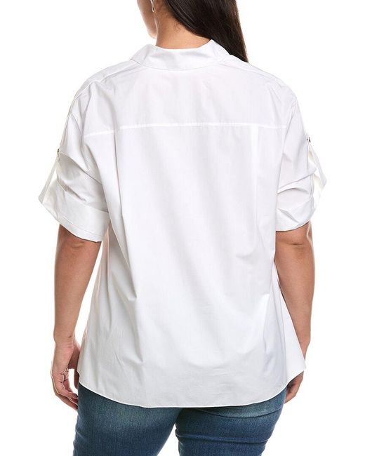 Lafayette 148 New York White Petite Tab Sleeve Popover Shirt