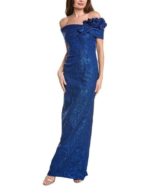Teri Jon Blue Metallic Jacquard Column Gown
