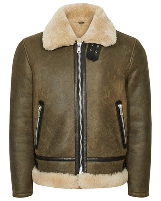 Reiss Green Hardy Shearling Leather Jacket for men