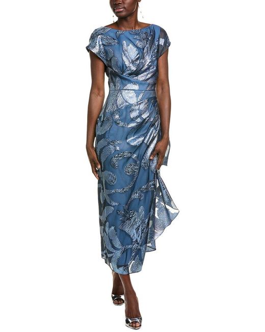 Lela Rose Blue Florence Metallic Floral Fil Coupe Silk-Blend Gown
