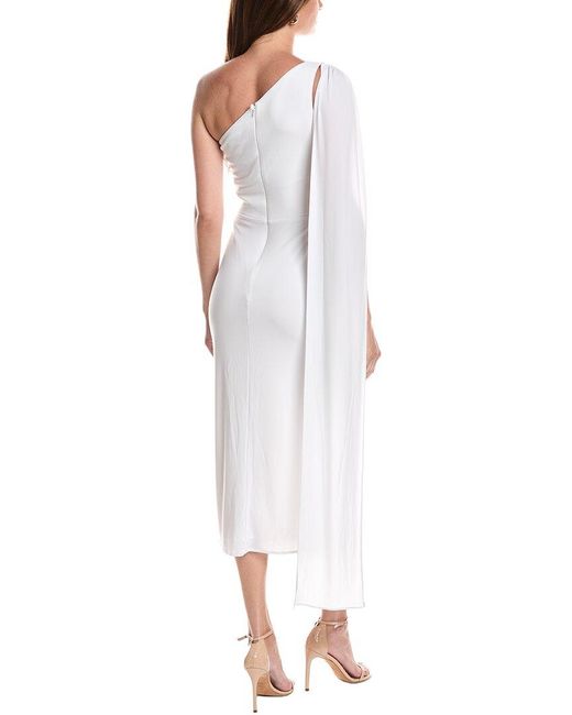 Rene Ruiz White One-Shoulder Draped Shawl Collar Gown