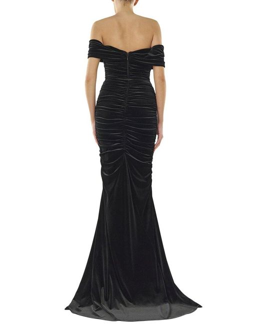 Monique Lhuillier Black Off The Shoulder Ruched Silk-lined Gown