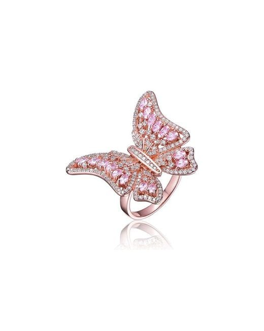Rachel Glauber Pink 18k Rose Gold Plated Cz Butterfly Ring