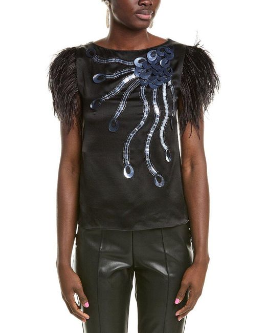 Alberta Ferretti Black Feather Trim Silk Top