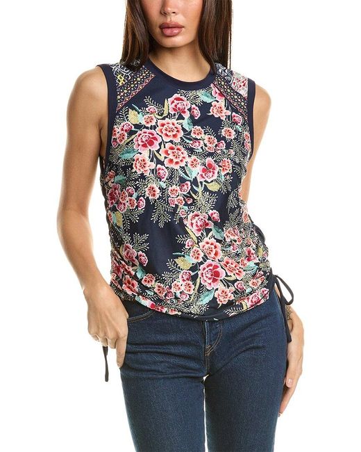 Johnny Was Blue Aztec Flower Ruched Muscle Tank