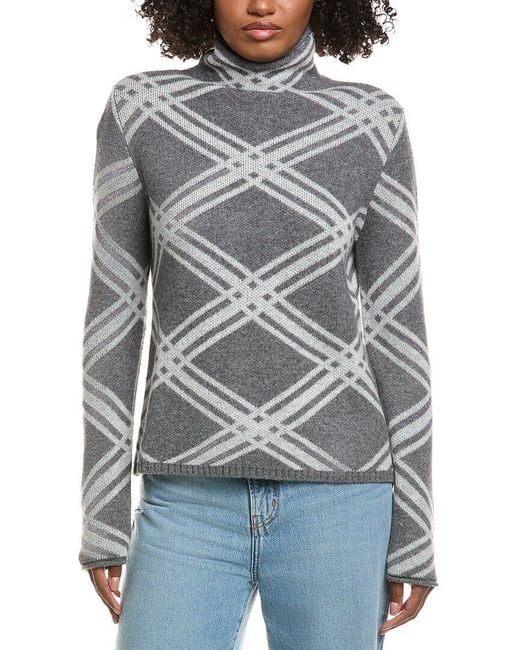 Hannah Rose Gray Plaid Funnel Neck Wool & Cashmere-Blend Sweater