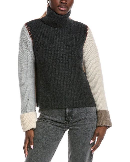 Autumn Cashmere Black Shaker Stitch Colorblocked Cashmere Sweater
