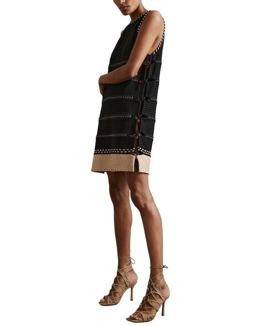 Reiss Black Lawrence Whipstich Leather-Trim Woven Dress