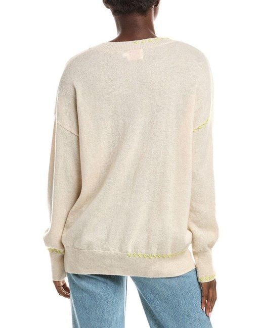 Brodie Cashmere White Cross Stitch Varcity V-Neck Cashmere Sweater