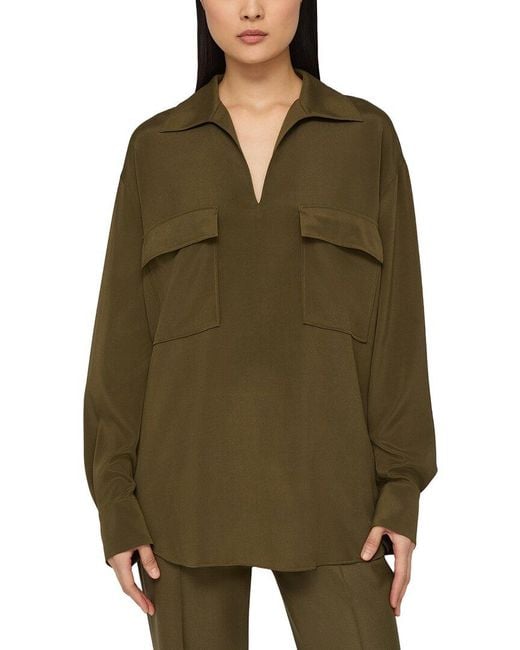 Lafayette 148 New York Green Patch Pocket Silk-Blend Popover Shirt