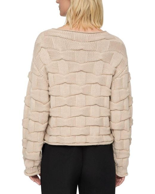 Lafayette 148 New York Natural Chunky Basket Stitch Bateau Neck Wool Sweater