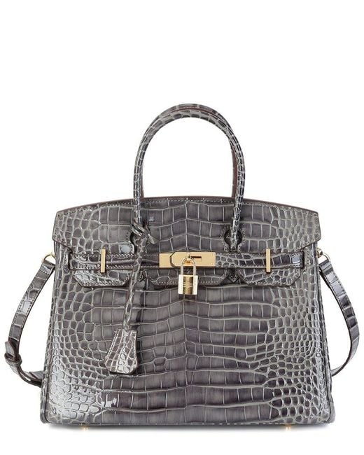 Tiffany & Fred Paris Gray Large Croc-Embossed Leather Satchel