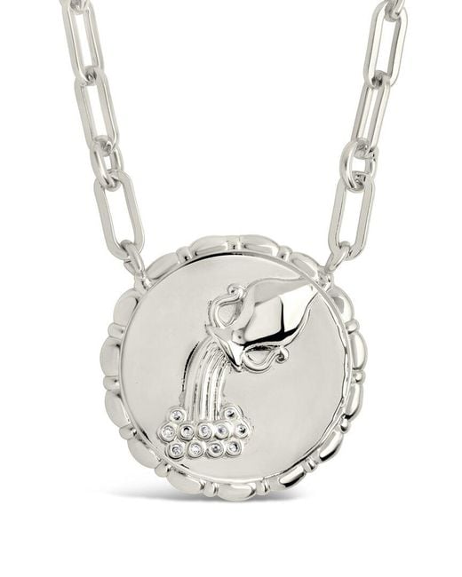 Sterling Forever White Rhodium Plated Cz Bold Link Aquarius Zodiac Necklace