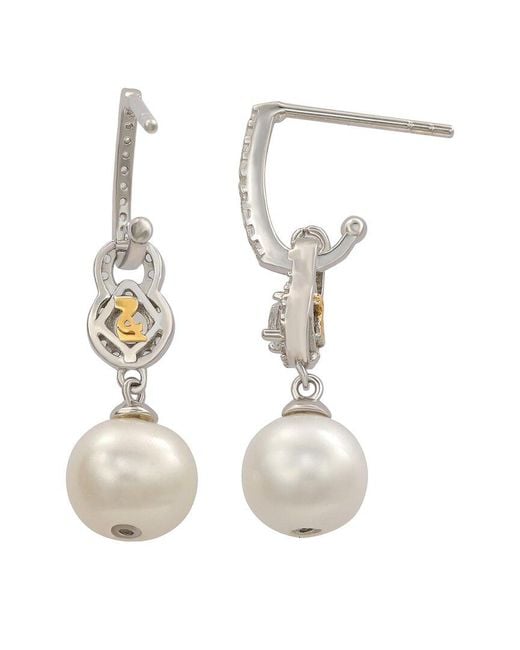 Suzy Levian Silver Created White Sapphire & 8mm Pearl Pearl Dangle Earring