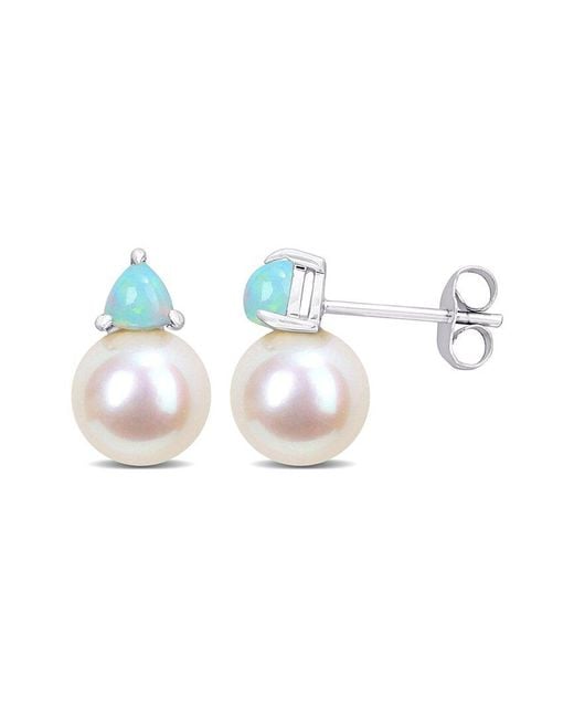Rina Limor Blue 10k 0.76 Ct. Tw. Ethiopian Opal & 8-8.5mmmm Pearl Studs