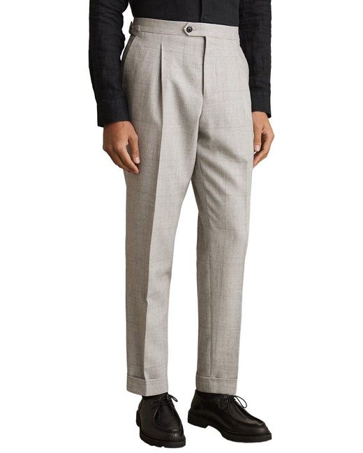 Reiss Gray Tecnic Side Adjuster Check Wool & Linen-Blend Pant for men