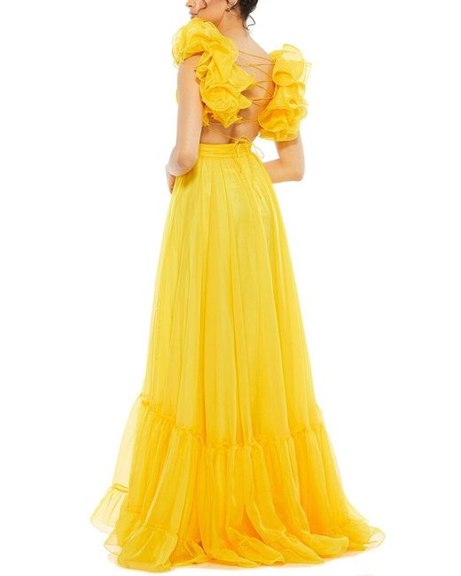 Mac Duggal Yellow Ruffle Tiered Chiffon A-Line Gown